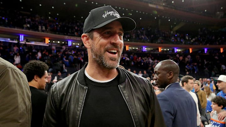 Apr 30, 2023; New York, New York, USA; New York Jets quarterback Aaron Rodgers walks off the court