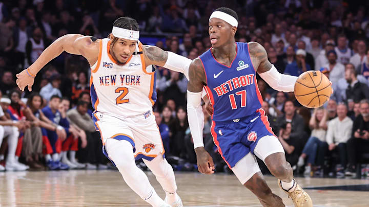 Apr 29, 2025; New York, New York, USA; Detroit Pistons guard Dennis Schroder (17) drives past New York Knicks guard Miles McBride (2) in the fourth quarter during game five of first round for the 2025 NBA Playoffs at Madison Square Garden. Mandatory Credit: Wendell Cruz-Imagn Images