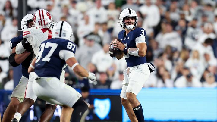 Penn State Nittany Lions quarterback Rocco Becht (3) looks to throw a pass during the fourth quarter against the Wisconsin Badgers at Beaver Stadium. Penn State Nittany Lions quarterback Rocco Becht (3) looks to throw a pass during the fourth quarter against the Wisconsin Badgers at Beaver Stadium.