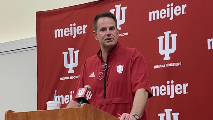 Indiana coach Curt Cignetti talks to the media during a recent press conference.