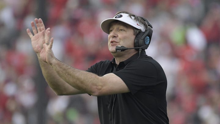Jan 1, 2018; Pasadena, CA, USA; Georgia Bulldogs head coach Kirby Smart gestures on the sidelines in the second quarter against the Oklahoma Sooners in the 2018 Rose Bowl college football playoff semifinal game at Rose Bowl Stadium. Mandatory Credit: Kirby Lee-Imagn Images