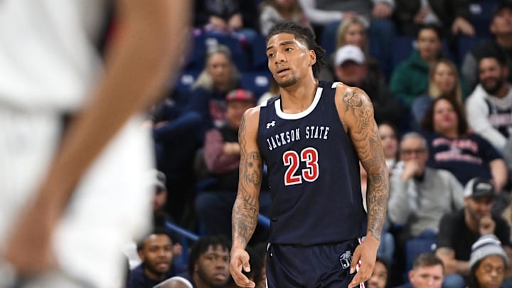 Dec 20, 2023; Spokane, Washington, USA; Jackson State Tigers forward Jordan O'Neal (23) reacts after
