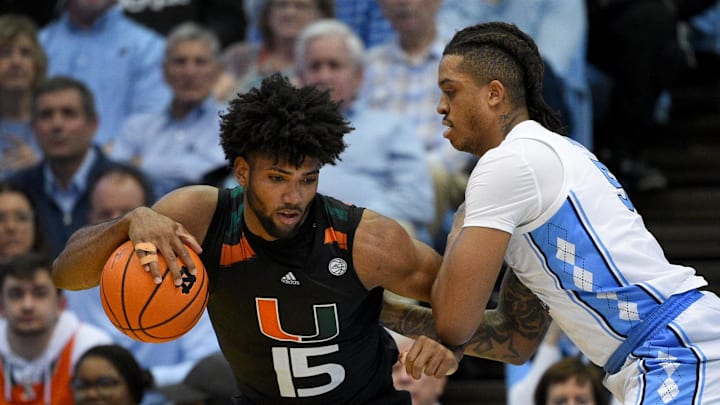 Feb 13, 2023; Chapel Hill, North Carolina, USA; Miami (Fl) Hurricanes forward Norchad Omier (15)