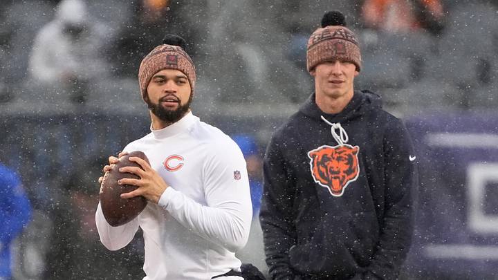 Jan 18, 2026; Chicago, IL, USA; Chicago Bears quarterback Caleb Williams (18) warms up while quarterback Tyson Bagent (17) looks on before an NFC Divisional Round game against the Los Angeles Rams at Soldier Field. Mandatory Credit: David Banks-Imagn Images Jan 18, 2026; Chicago, IL, USA; Chicago Bears quarterback Caleb Williams (18) warms up while quarterback Tyson Bagent (17) looks on before an NFC Divisional Round game against the Los Angeles Rams at Soldier Field. Mandatory Credit: David Banks-Imagn Images