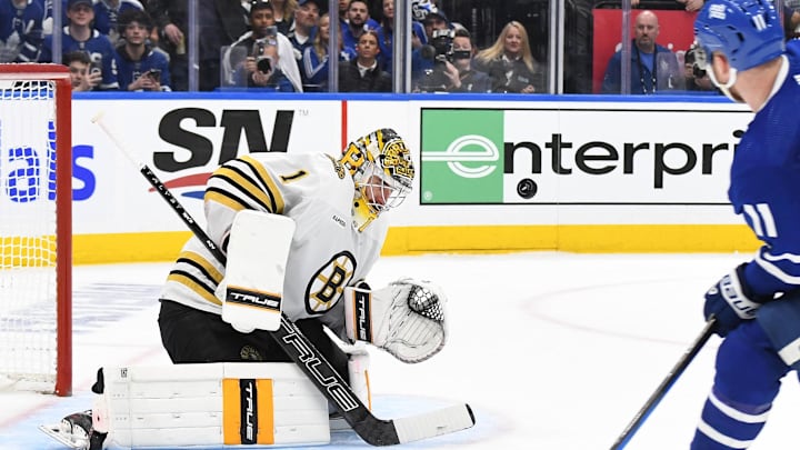 May 2, 2024; Toronto, Ontario, CAN;  Boston Bruins goalie Jeremy Swayman (1) makes a save on a shot from Toronto Maple Leafs forward Max Domi (11) in the third period in game six of the first round of the 2024 Stanley Cup Playoffs at Scotiabank Arena. Mandatory Credit: Dan Hamilton-Imagn Images