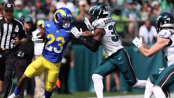 Sep 21, 2025; Philadelphia, Pennsylvania, USA; Los Angeles Rams running back Kyren Williams (23) rushes the ball past Philadelphia Eagles linebacker Jihaad Campbell (30) during the first half at Lincoln Financial Field. Mandatory Credit: Bill Streicher-Imagn Images Sep 21, 2025; Philadelphia, Pennsylvania, USA; Los Angeles Rams running back Kyren Williams (23) rushes the ball past Philadelphia Eagles linebacker Jihaad Campbell (30) during the first half at Lincoln Financial Field. Mandatory Credit: Bill Streicher-Imagn Images