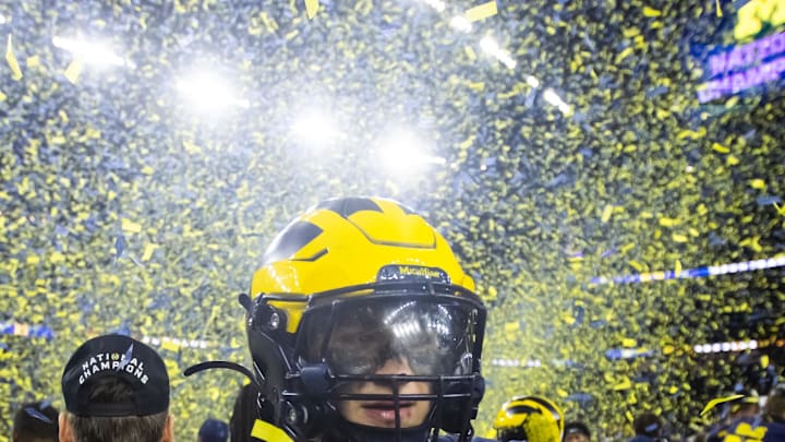 Jan 8, 2024; Houston, TX, USA; Michigan Wolverines linebacker Jimmy Rolder (30) celebrates after defeating the Washington Huskies during the 2024 College Football Playoff national championship game at NRG Stadium. Mandatory Credit: Mark J. Rebilas-USA TODAY Sports
