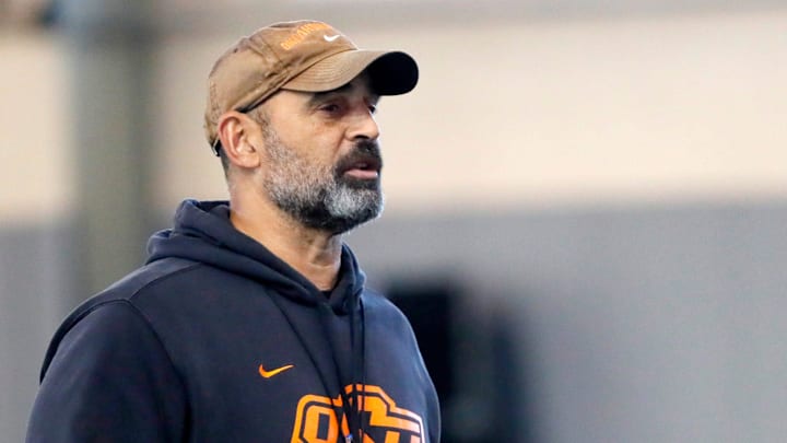 Oklahoma State Associate Head Coach/Offensive Coordinator/Receivers Kasey Dunn is pictured during an Oklahoma State University Cowboys spring football practice in Stillwater, Okla., Tuesday, March 26, 2024. Oklahoma State Associate Head Coach/Offensive Coordinator/Receivers Kasey Dunn is pictured during an Oklahoma State University Cowboys spring football practice in Stillwater, Okla., Tuesday, March 26, 2024.