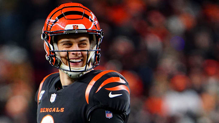 Cincinnati Bengals quarterback Joe Burrow (9) smiles during a timeout in the fourth quarter during an NFL AFC wild-card playoff game against the Las Vegas Raiders, Saturday, Jan. 15, 2022, at Paul Brown Stadium in Cincinnati. The Cincinnati Bengals defeated the Las Vegas Raiders, 26-19. to win the franchise's first playoff game in 30 years.

Las Vegas Raiders At Cincinnati Bengals Jan 15 Afc Wild Card Game
