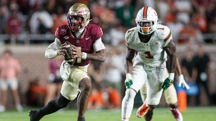 Florida State Seminoles quarterback Tommy Castellanos (1) looks down the field for an open teammate. The Miami Hurricanes defeated the Florida State Seminoles 22-28 at Doak Campbell Stadium on Saturday, Oct. 4, 2025.