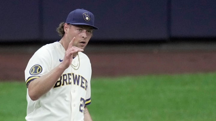 Milwaukee Brewers pitcher Trevor Megill (29) is shown during the ninth inning of their game against the Toronto Blue Jays Tuesday, April 14, 2026 at American Family Field in Milwaukee, Wisconsin.