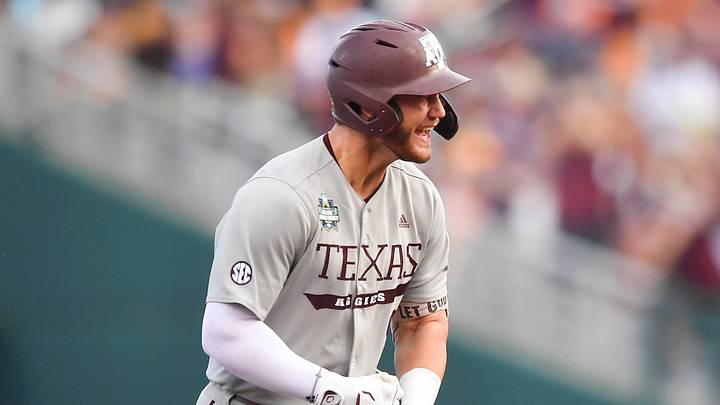 Texas A&M's Gavin Grahovac (9) celebrates a home run during a NCAA College World Series game between Tennessee and Texas A&M at Charles Schwab Field in Omaha, Neb., on Saturday, June 22, 2024.
