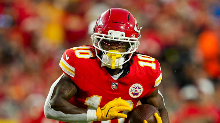 Kansas City Chiefs running back Isiah Pacheco (10) runs the ball during the first half against the Chicago Bears at GEHA Field at Arrowhead Stadium. 