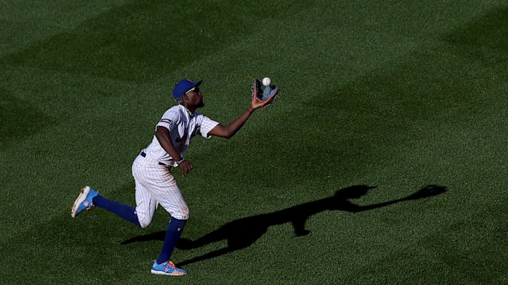 New York Mets second baseman Ronny Mauricio (10) catches a fly ball by Philadelphia Phillies right fielder Nick Castellanos (not pictured) during the fifth inning at Citi Field in 2023. New York Mets second baseman Ronny Mauricio (10) catches a fly ball by Philadelphia Phillies right fielder Nick Castellanos (not pictured) during the fifth inning at Citi Field in 2023.