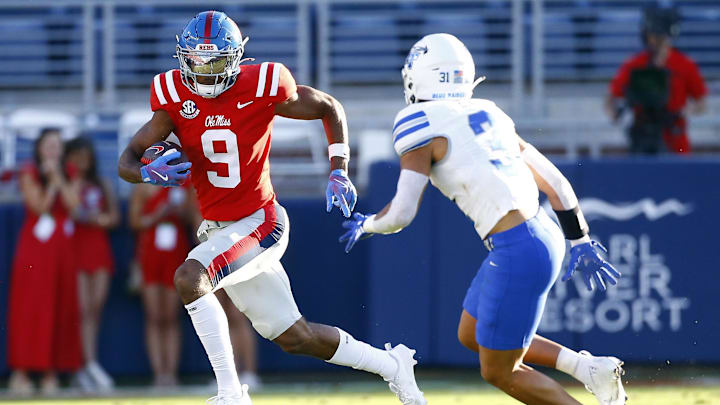 Sep 7, 2024; Oxford, Mississippi, USA; Mississippi Rebels wide receiver Tre Harris (9) runs after a catch during the second half against the Middle Tennessee Blue Raiders at Vaught-Hemingway Stadium. Mandatory Credit: Petre Thomas-Imagn Images