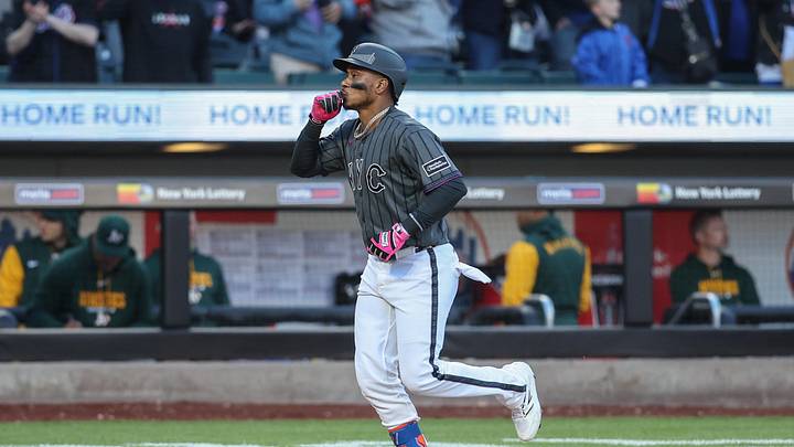  Mets designated hitter Jorge Polanco (11) gestures after hitting a solo home run in the seventh inning against the Athletics