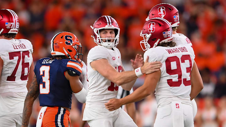 Sep 20, 2024; Syracuse, New York, USA; Stanford Cardinal place kicker Emmet Kenney (13) celebrates a field goal with long snapper Peyton Warford (93) against the Syracuse Orange during the first half at the JMA Wireless Dome. Mandatory Credit: Rich Barnes-Imagn Images