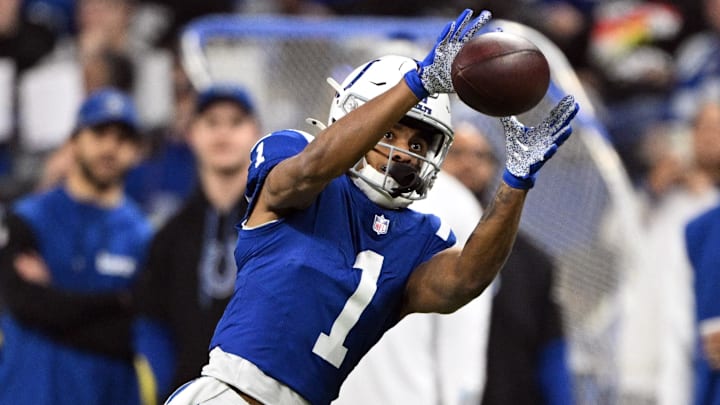 Jan 5, 2025; Indianapolis, Indiana, USA; Indianapolis Colts wide receiver Josh Downs (1) catches a pass during the second quarter against the Jacksonville Jaguars at Lucas Oil Stadium. Mandatory Credit: Marc Lebryk-Imagn Images