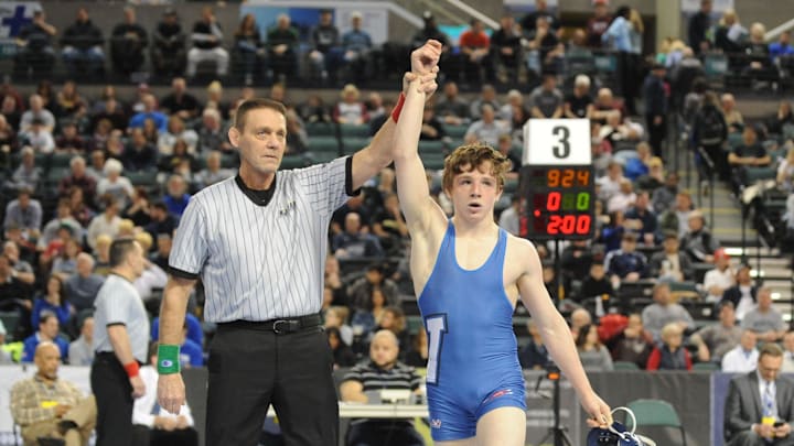 Westfield's CJ Composto defeats Hanover Park's Joey Olivieri in a 126-pound 3rd place bout during the NJSIAA Individual Wrestling Championships at Boardwalk Hall in Atlantic City, Saturday, March 2, 2019. 

Jhw 8023