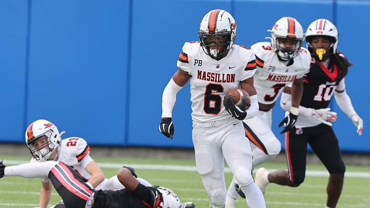 Massillon’s Deontay Malone returns a fourth-quarter punt for the game-winning touchdown against McKinley, Saturday, Oct. 25, 2025. Massillon’s Deontay Malone returns a fourth-quarter punt for the game-winning touchdown against McKinley, Saturday, Oct. 25, 2025.