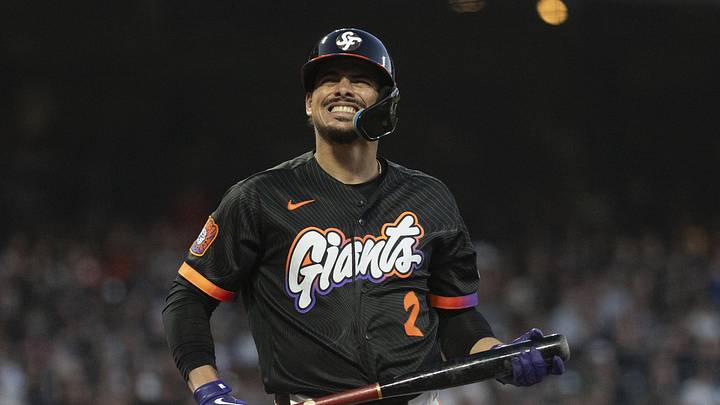 Jun 9, 2026; San Francisco, California, USA;  San Francisco Giants shortstop Willy Adames (2) reacts after receiving a strikeout call during the fifth inning against the Washington Nationals at Oracle Park. Mandatory Credit: Stan Szeto-Imagn Images