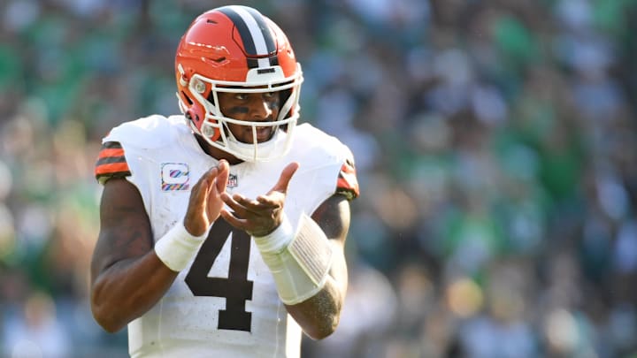 Oct 13, 2024; Philadelphia, Pennsylvania, USA; Cleveland Browns quarterback Deshaun Watson (4) against the Philadelphia Eagles at Lincoln Financial Field. Mandatory Credit: Eric Hartline-Imagn Images