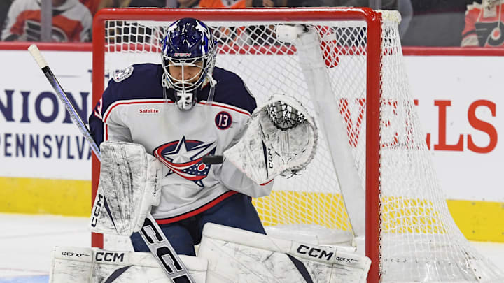Apr 15, 2025; Philadelphia, Pennsylvania, USA; Columbus Blue Jackets goaltender Jet Greaves (73) makes a save against the Philadelphia Flyers during the second period at Wells Fargo Center. Mandatory Credit: Eric Hartline-Imagn Images