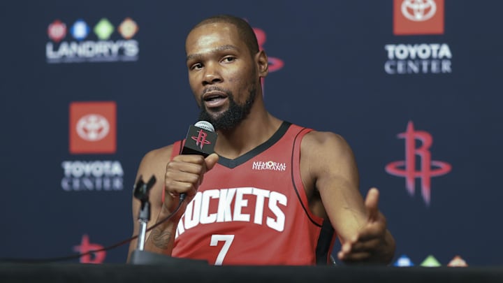 Sep 29, 2025; Houston, TX, USA;  Houston Rockets forward Kevin Durant (7) talks to media during Houston Rockets media day at Toyota Center. Mandatory Credit: Troy Taormina-Imagn Images