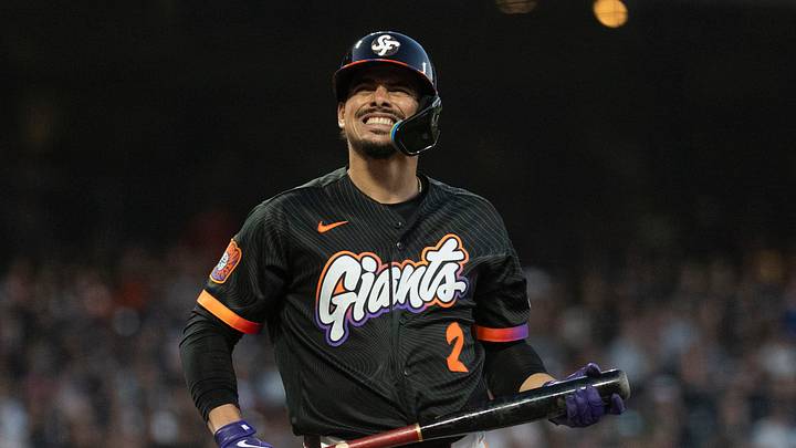 San Francisco, California, USA;  San Francisco Giants shortstop Willy Adames (2) reacts after receiving a strikeout call during the fifth inning against the Washington Nationals at Oracle Park. Mandatory Credit: Stan Szeto-Imagn Images