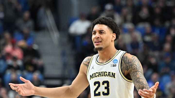 Mar 19, 2026; Buffalo, NY, USA; Michigan Wolverines forward Yaxel Lendeborg (23) reacts against the Howard Bison during the second half of a first round game of the men's 2026 NCAA Tournament at Keybank Center. Mandatory Credit: Mark Konezny-Imagn Images
