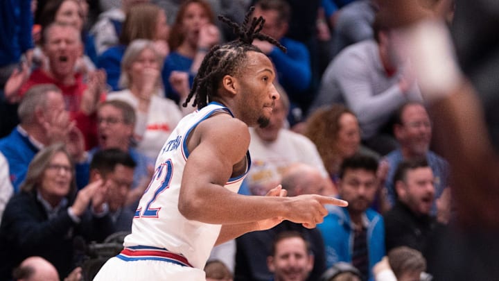 Kansas Jayhawks guard Darryn Peterson (22) looks back after a basket made against Baylor Bears during the game inside Allen Fieldhouse on Jan. 16, 2026. Kansas Jayhawks guard Darryn Peterson (22) looks back after a basket made against Baylor Bears during the game inside Allen Fieldhouse on Jan. 16, 2026.