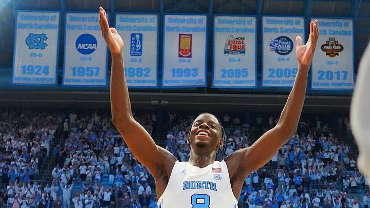 Nov 7, 2025; Chapel Hill, North Carolina, USA;  North Carolina Tar Heels forward Caleb Wilson (8) reacts at the end of the game at Dean E. Smith Center. Mandatory Credit: Bob Donnan-Imagn Images