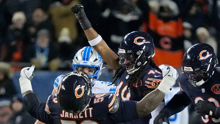 Jan 4, 2026; Chicago, Illinois, USA; Chicago Bears defensive end Grady Jarrett (50) and linebacker Tremaine Edmunds (49) celebrate after a play against the Detroit Lions during the second half at Soldier Field. Mandatory Credit: David Banks-Imagn Images
