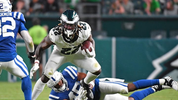 Aug 24, 2023; Philadelphia, Pennsylvania, USA; Philadelphia Eagles running back Trey Sermon (22) is