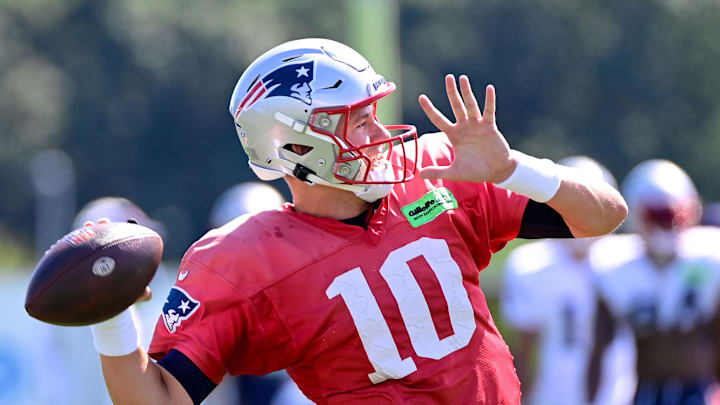 Aug 1, 2023; Foxborough, MA, USA; New England Patriots quarterback Mac Jones (10) throws a pass