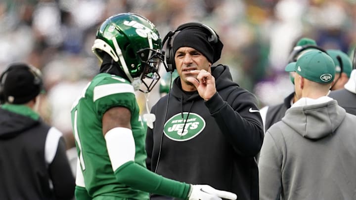 Dec. 18, 2022; East Rutherford, NJ; New York Jets head coach Robert Saleh talks to cornerback Sauce Gardner (1) on the sideline during the first half against the Detroit Lions at MetLife Stadium on Sunday, Dec. 18, 2022.  Mandatory Credit: Danielle Parhizkaran-USA TODAY NETWORK