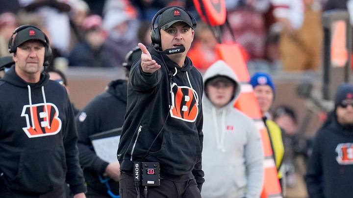 Cincinnati Bengals head coach Zac Taylor points down field in the second quarter of the NFL Week 18 game between the Cincinnati Bengals and the Cleveland Browns at Paycor Stadium in Downtown Cincinnati on Sunday, Jan. 4, 2026.