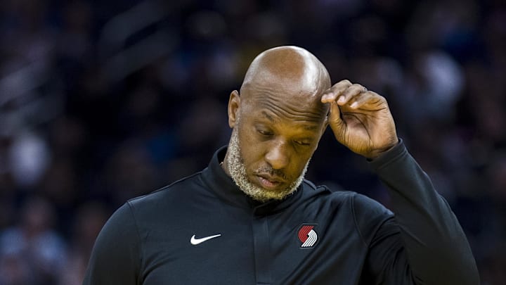 Oct 8, 2025; San Francisco, California, USA;  Portland Trail Blazers Head Coach Chauncey Billups reacts during a time-out in the second quarter against the Golden State Warriors at Chase Center. Mandatory Credit: John Hefti-Imagn Images