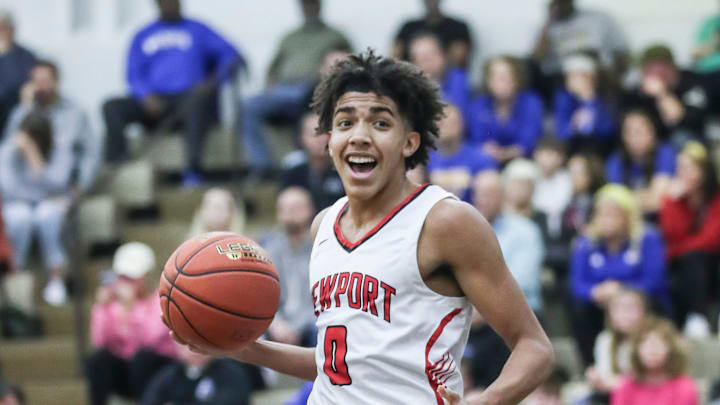 Newport's Taylen Kinney (0) reacts after scoring two of his 13 points in the first half against Washington County at Wednesday's 2023 King of the Bluegrass basketball tournament at Fairdale High School. Dec. 20, 2023 Newport's Taylen Kinney (0) reacts after scoring two of his 13 points in the first half against Washington County at Wednesday's 2023 King of the Bluegrass basketball tournament at Fairdale High School. Dec. 20, 2023