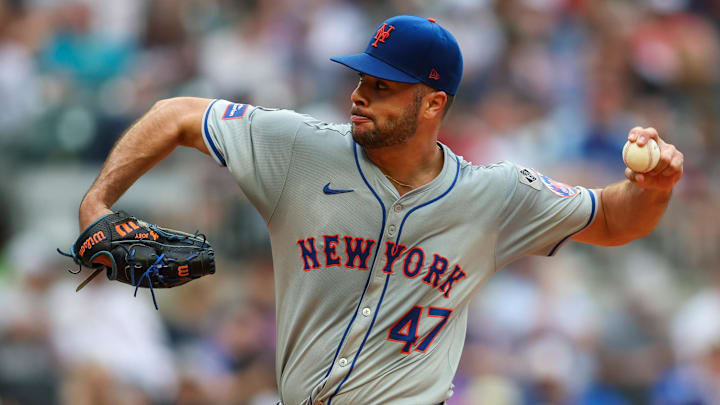 Sep 30, 2024; Atlanta, Georgia, USA; New York Mets starting pitcher Joey Lucchesi (47) pitches against the Atlanta Braves in the third inning at Truist Park. Mandatory Credit: Brett Davis-Imagn Images Sep 30, 2024; Atlanta, Georgia, USA; New York Mets starting pitcher Joey Lucchesi (47) pitches against the Atlanta Braves in the third inning at Truist Park. Mandatory Credit: Brett Davis-Imagn Images