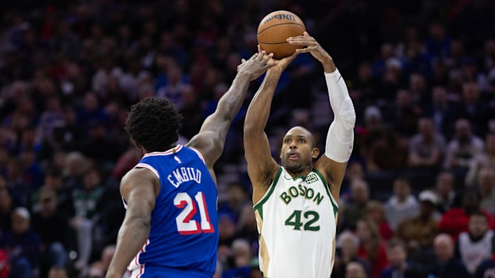Nov 15, 2023; Philadelphia, Pennsylvania, USA; Boston Celtics center Al Horford (42) shoots the ball