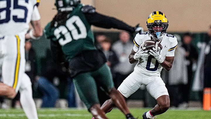Michigan punt returner Semaj Morgan (0) makes a catch against Michigan State during the first half at Spartan Stadium in East Lansing on Saturday, October 25, 2025.