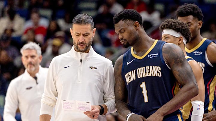 Nov 19, 2025; New Orleans, Louisiana, USA; New Orleans Pelicans forward Zion Williamson (1) talks to interim head coach James Borrego against the Denver Nuggets during the first half at Smoothie King Center. Mandatory Credit: Stephen Lew-Imagn Images Nov 19, 2025; New Orleans, Louisiana, USA; New Orleans Pelicans forward Zion Williamson (1) talks to interim head coach James Borrego against the Denver Nuggets during the first half at Smoothie King Center. Mandatory Credit: Stephen Lew-Imagn Images