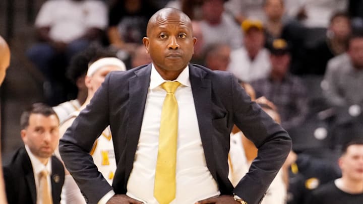 Dec 3, 2024; Columbia, Missouri, USA; Missouri Tigers head coach Dennis Gates reacts to play against the California Golden Bears during the second half at Mizzou Arena. Mandatory Credit: Denny Medley-Imagn Images