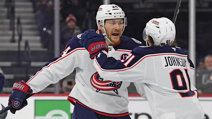 Dec 21, 2024; Philadelphia, Pennsylvania, USA; Columbus Blue Jackets right wing Mathieu Olivier (24) celebrates his goal with center Kent Johnson (91) against the Philadelphia Flyers during the first period at Wells Fargo Center. Mandatory Credit: Eric Hartline-Imagn Images