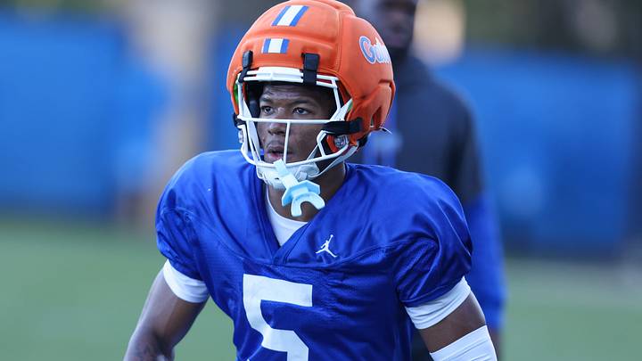Florida wide receiver Micah Mays Jr. (5) works on drills during UF spring practice at Sanders Practice Fields in Gainesville, FL on Tuesday, March 10, 2026. [Alan Youngblood/Gainesville Sun]