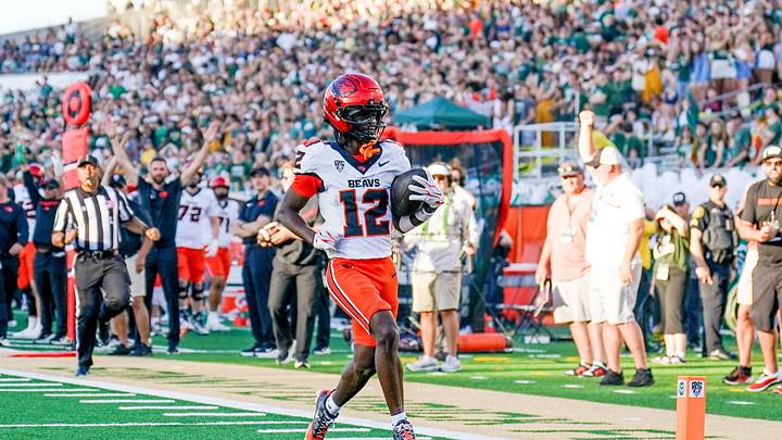 Oct 3, 2026; Fort Collins, Colorado, USA; Oregon State Beavers wide receiver Jesse Legree (12) runs for a touchdown against the Colorado State Rams in the first half at Sonny Lubick Field at Canvas Stadium. Mandatory Credit: Andrew Rydland-Imagn Images Oct 3, 2026; Fort Collins, Colorado, USA; Oregon State Beavers wide receiver Jesse Legree (12) runs for a touchdown against the Colorado State Rams in the first half at Sonny Lubick Field at Canvas Stadium. Mandatory Credit: Andrew Rydland-Imagn Images