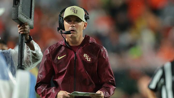 Oct 17, 2026; Miami Gardens, Florida, USA;  Florida State Seminoles head coach Mike Norvell during the first quarter against the Miami Hurricanes at Hard Rock Stadium.  Mandatory Credit: Sam Navarro-Imagn Images
