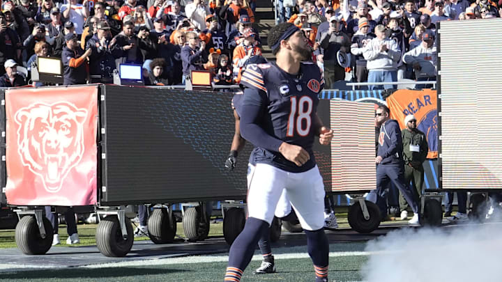 Nov 23, 2025; Chicago, Illinois, USA; Chicago Bears quarterback Caleb Williams (18) takes the field prior to a game against the Pittsburgh Steelers at Soldier Field. Mandatory Credit: 