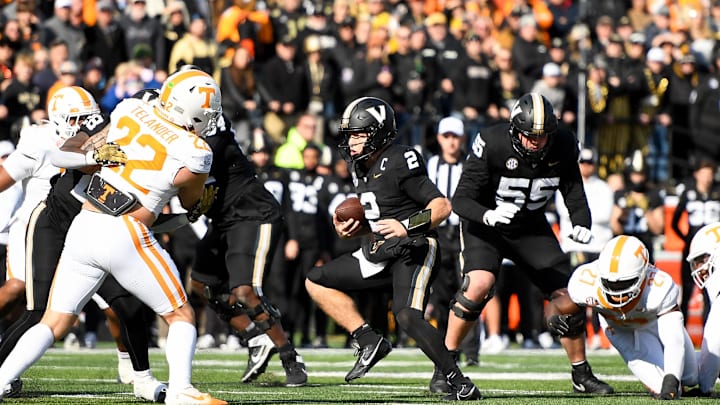 Nov 30, 2024; Nashville, Tennessee, USA;  Vanderbilt Commodores quarterback Diego Pavia (2) against the Tennessee Volunteers during the first half at FirstBank Stadium. Mandatory Credit: Steve Roberts-Imagn Images